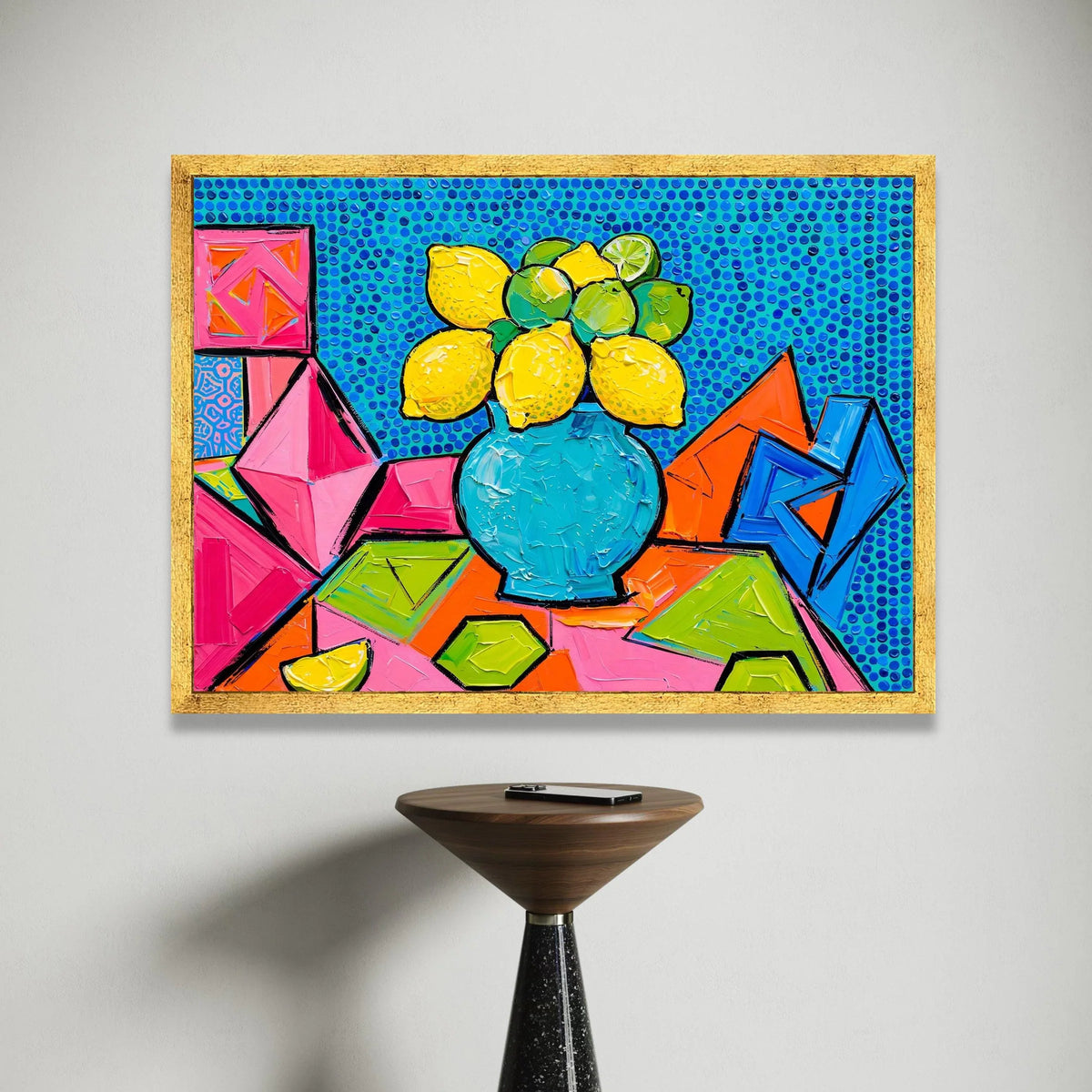 David Hockney Style Citrus Still Life Canvas, Vibrant Modern Fruit Vase Wall Art, Colorful Abstract Geometric Home Decor Canvas Print Art