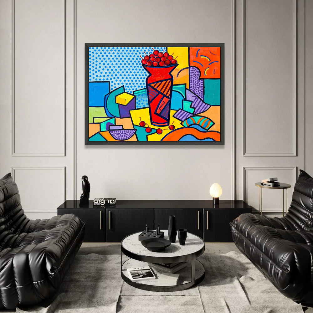 David Hockney Style Cherry Vase Canvas, Pop Art Still Life Wall Art, Bright Abstract Home Decor, Colorful Geometric Canvas Canvas Print Art