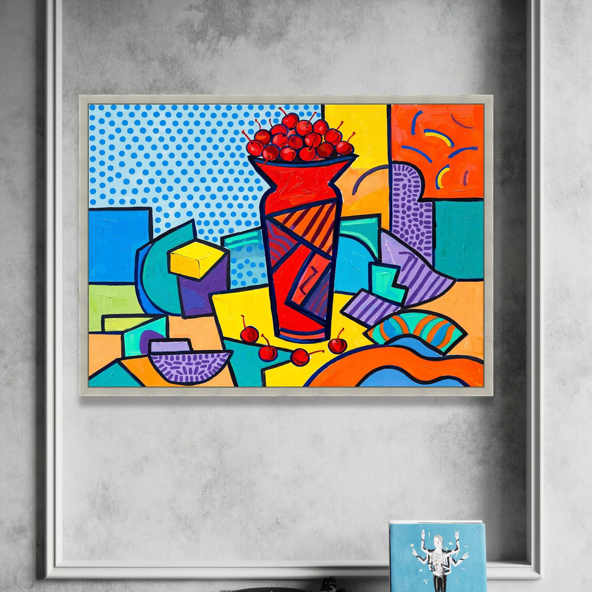 David Hockney Style Cherry Vase Canvas, Pop Art Still Life Wall Art, Bright Abstract Home Decor, Colorful Geometric Canvas Canvas Print Art