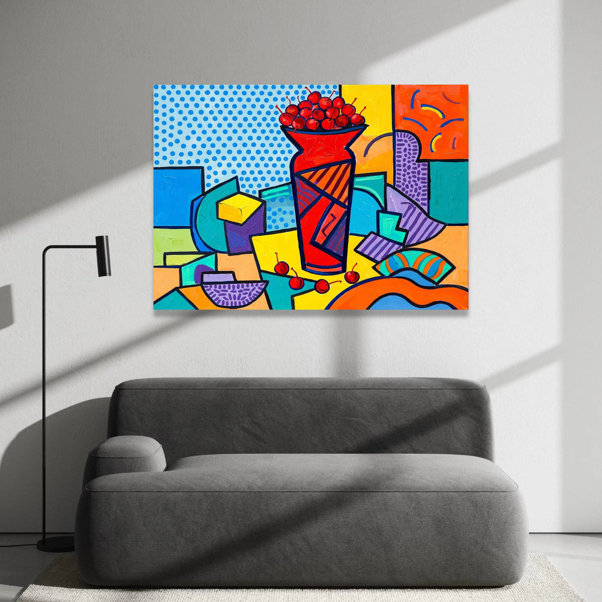 David Hockney Style Cherry Vase Canvas, Pop Art Still Life Wall Art, Bright Abstract Home Decor, Colorful Geometric Canvas Canvas Print Art