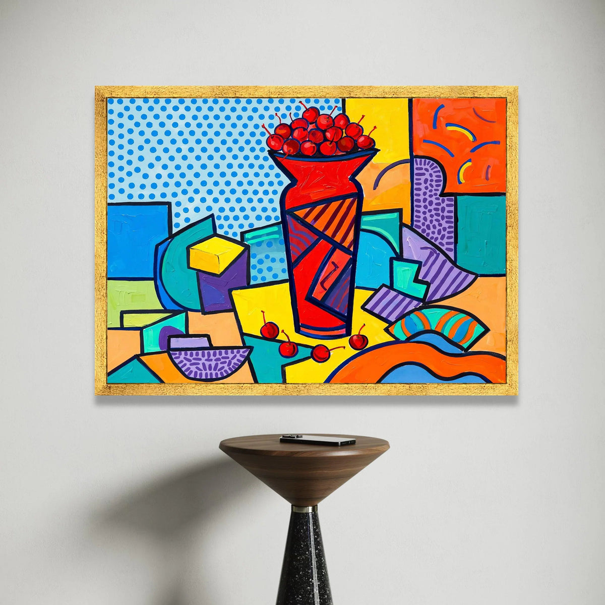 David Hockney Style Cherry Vase Canvas, Pop Art Still Life Wall Art, Bright Abstract Home Decor, Colorful Geometric Canvas Canvas Print Art