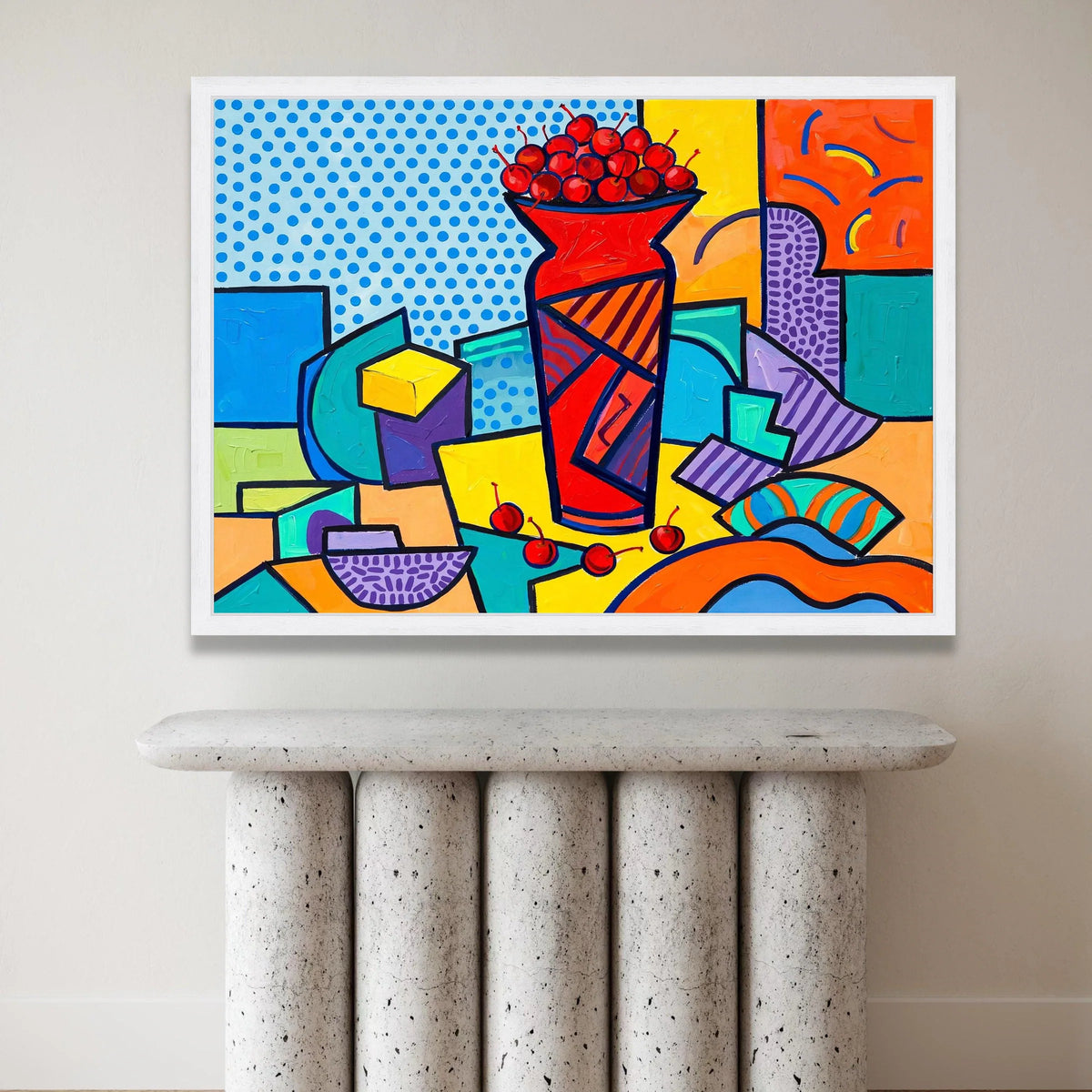 David Hockney Style Cherry Vase Canvas, Pop Art Still Life Wall Art, Bright Abstract Home Decor, Colorful Geometric Canvas Canvas Print Art