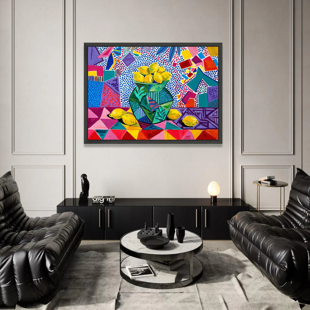 David Hockney Style Lemons Still Life Canvas, Vibrant Abstract Floral Vase Wall Art, Colorful Modern Pop Art Decoration for Canvas Print Art