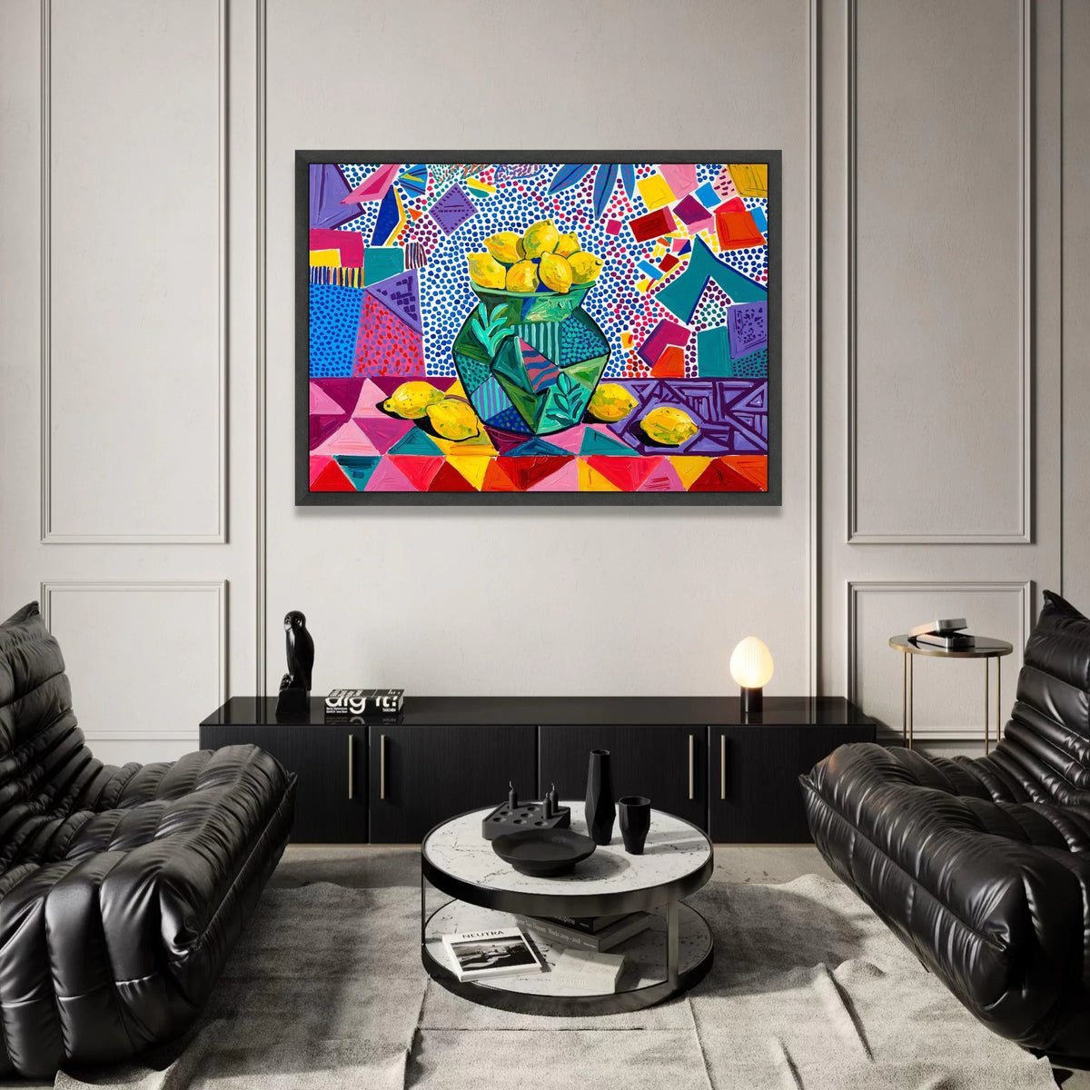 David Hockney Style Lemons Still Life Canvas, Vibrant Abstract Floral Vase Wall Art, Colorful Modern Pop Art Decoration for Canvas Print Art