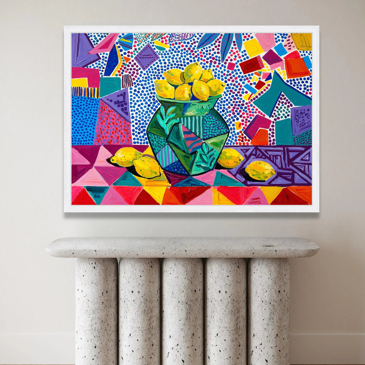 David Hockney Style Lemons Still Life Canvas, Vibrant Abstract Floral Vase Wall Art, Colorful Modern Pop Art Decoration for Canvas Print Art