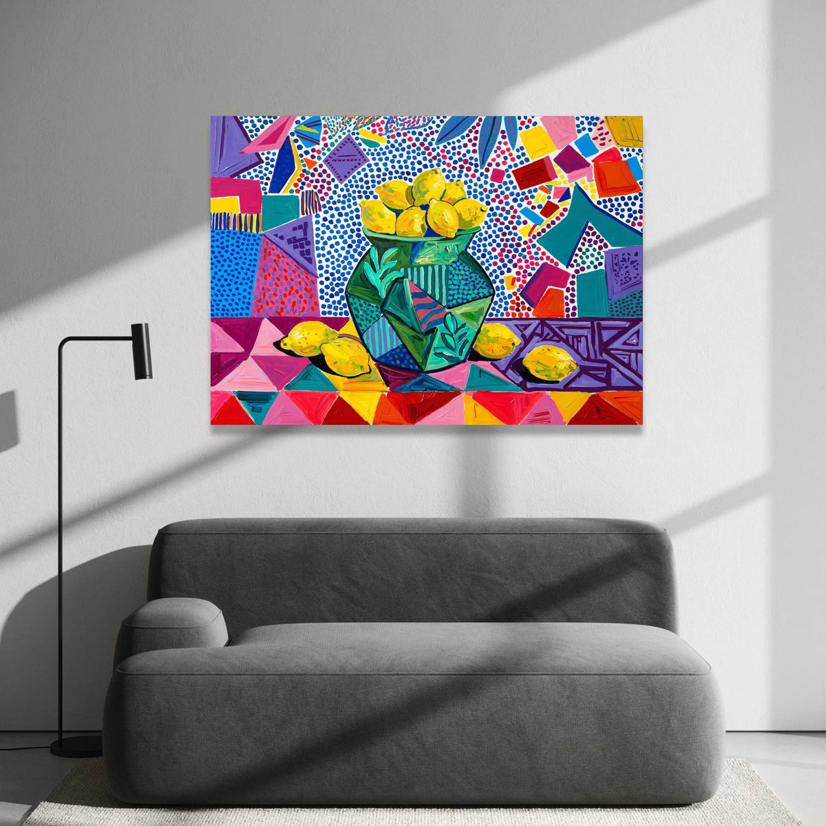David Hockney Style Lemons Still Life Canvas, Vibrant Abstract Floral Vase Wall Art, Colorful Modern Pop Art Decoration for Canvas Print Art