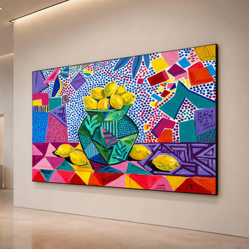 David Hockney Style Lemons Still Life Canvas, Vibrant Abstract Floral Vase Wall Art, Colorful Modern Pop Art Decoration for Canvas Print Art