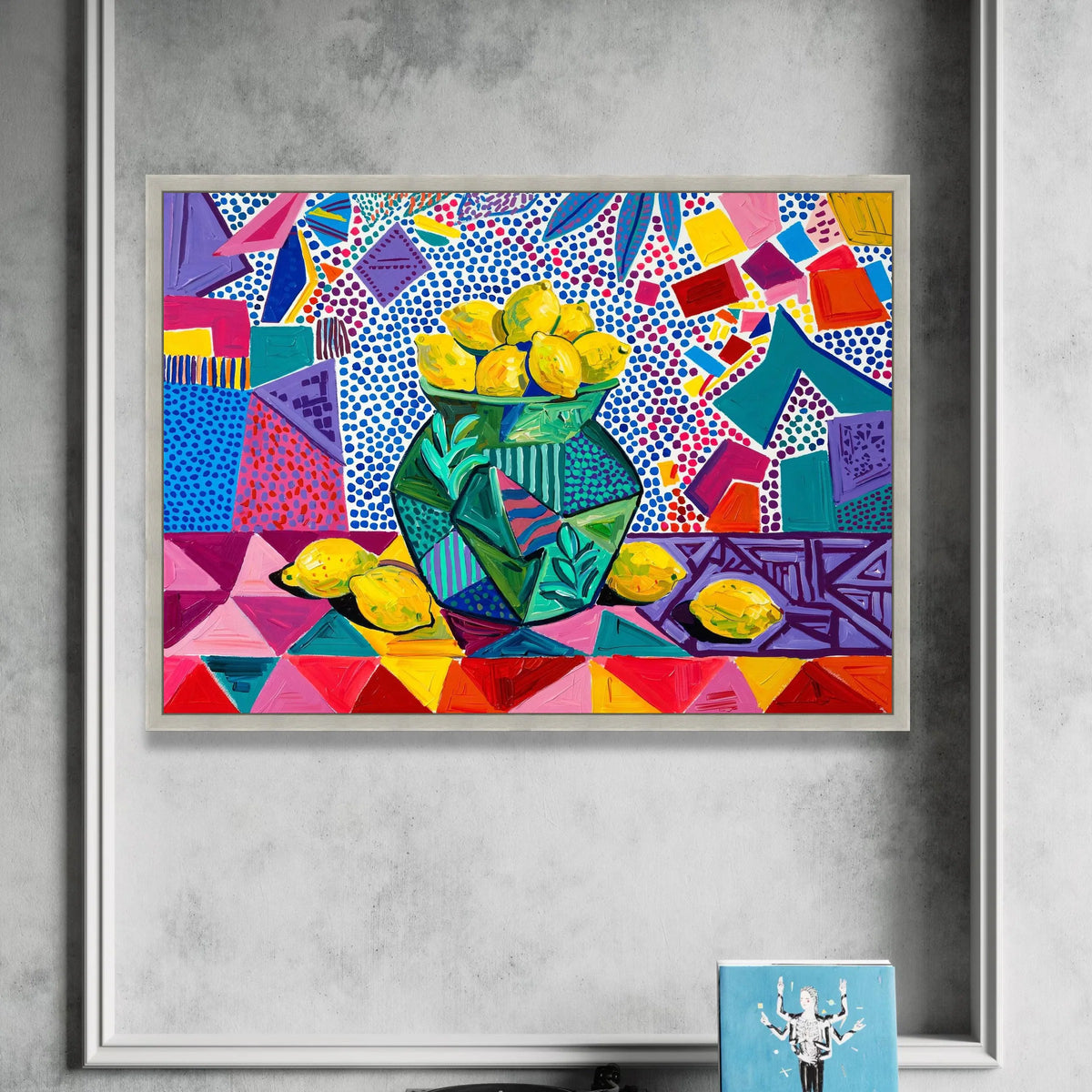 David Hockney Style Lemons Still Life Canvas, Vibrant Abstract Floral Vase Wall Art, Colorful Modern Pop Art Decoration for Canvas Print Art
