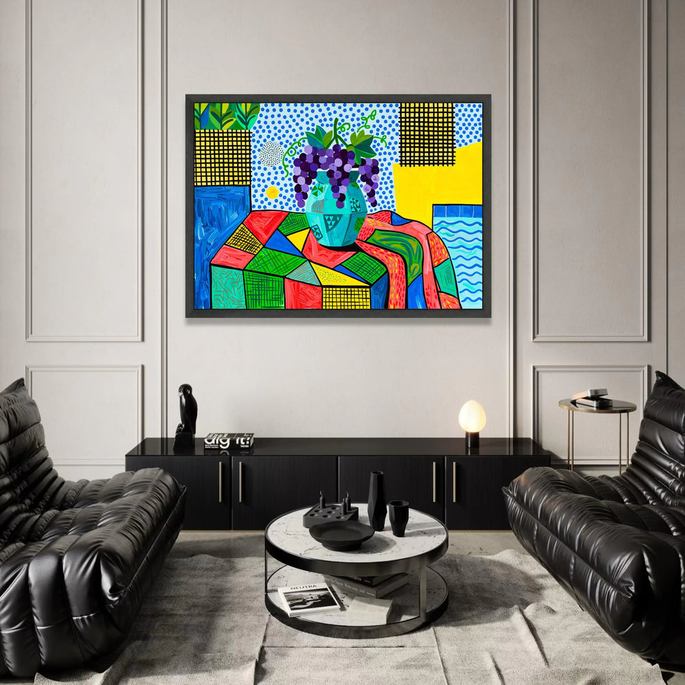 David Hockney Style Still Life Canvas, Colorful Grapes Vase Wall Art, Modern Pop Art Floral Painting, Decorative Home Canvas Print Art