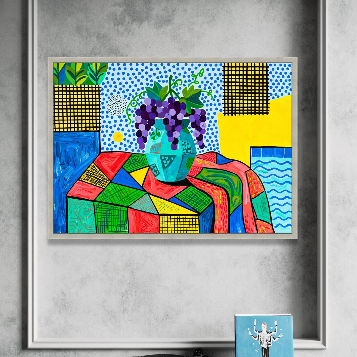 David Hockney Style Still Life Canvas, Colorful Grapes Vase Wall Art, Modern Pop Art Floral Painting, Decorative Home Canvas Print Art