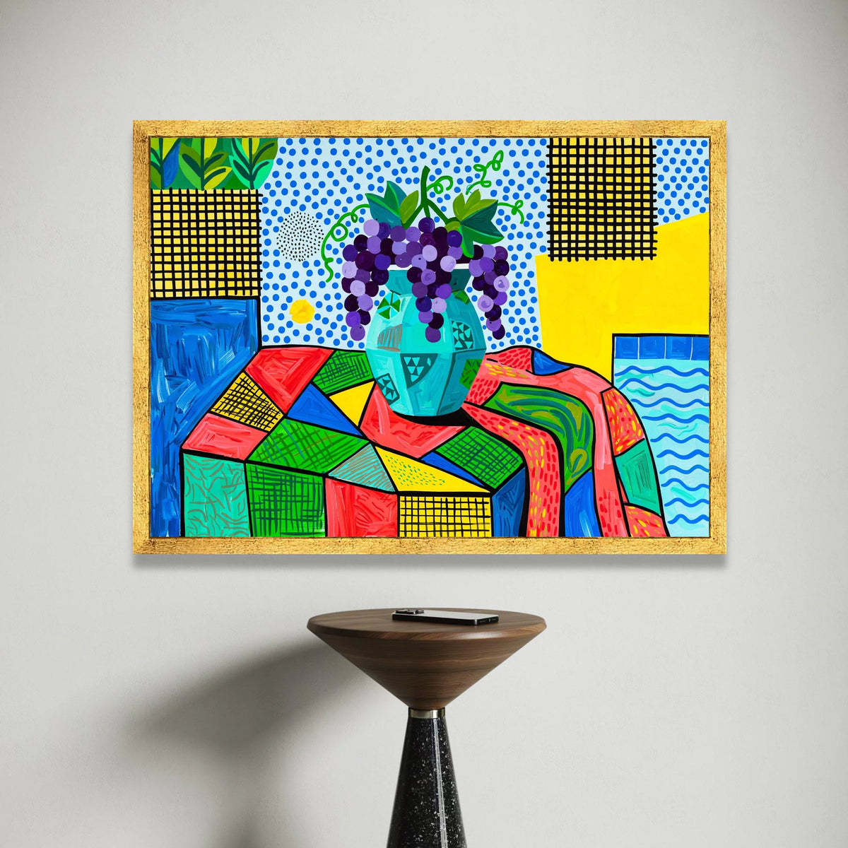 David Hockney Style Still Life Canvas, Colorful Grapes Vase Wall Art, Modern Pop Art Floral Painting, Decorative Home Canvas Print Art