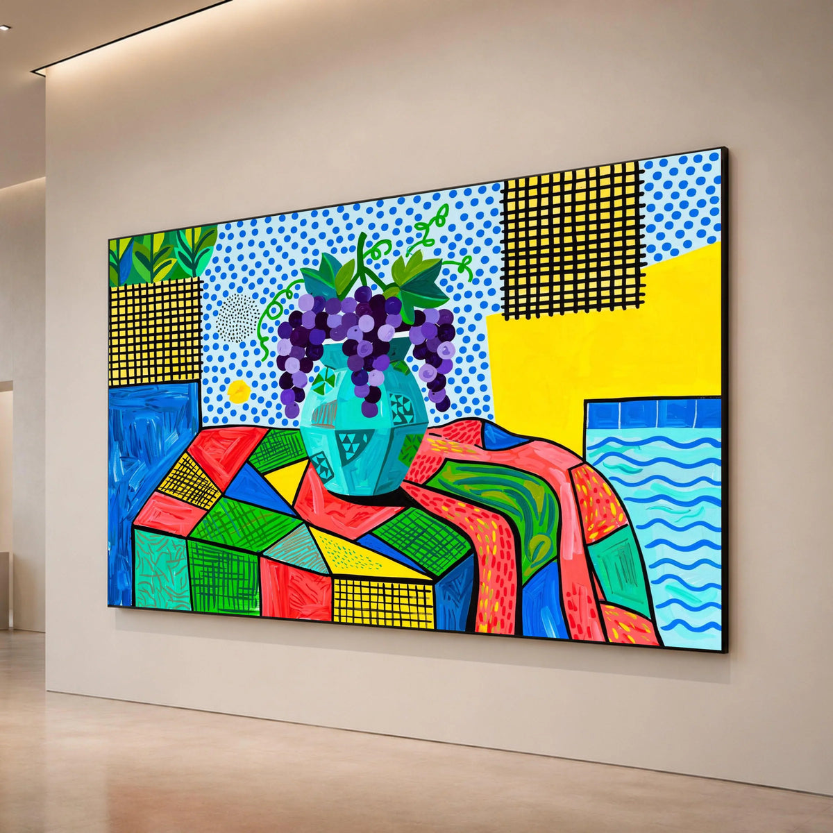 David Hockney Style Still Life Canvas, Colorful Grapes Vase Wall Art, Modern Pop Art Floral Painting, Decorative Home Canvas Print Art