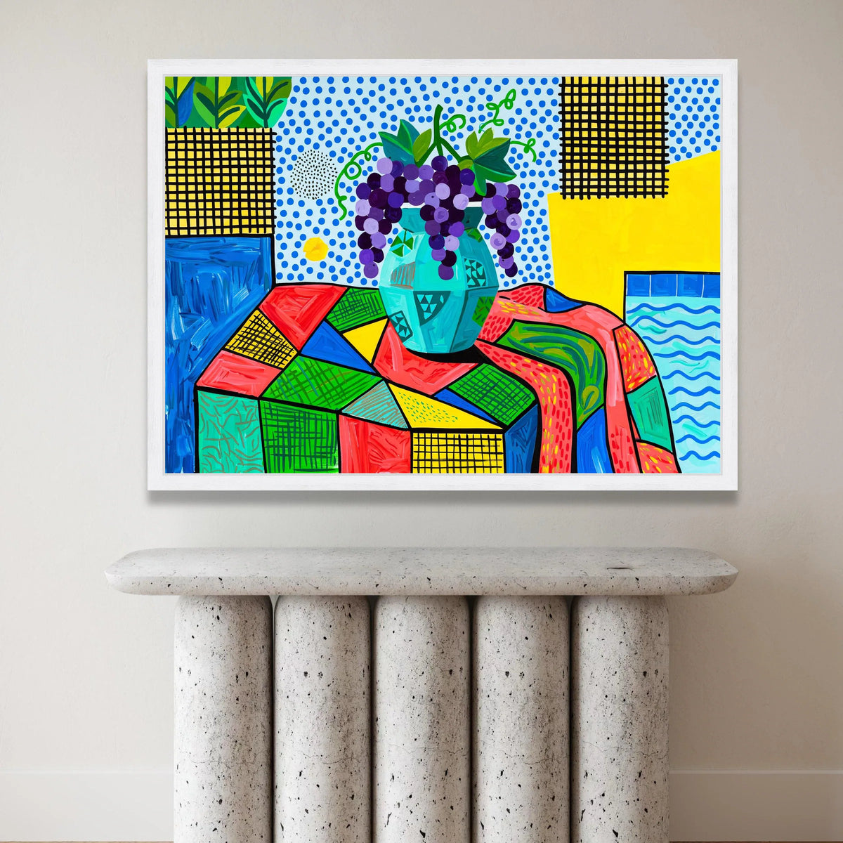 David Hockney Style Still Life Canvas, Colorful Grapes Vase Wall Art, Modern Pop Art Floral Painting, Decorative Home Canvas Print Art