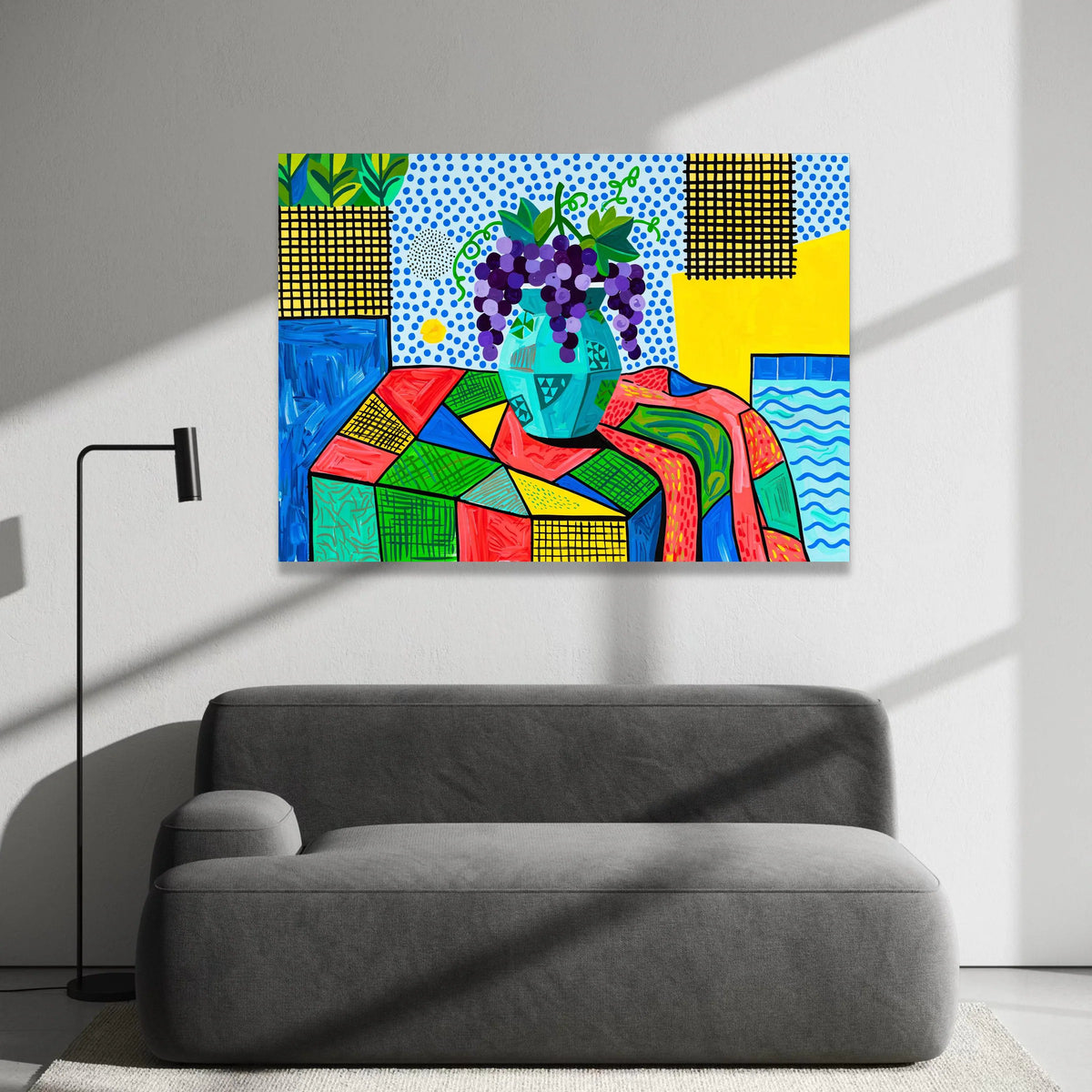 David Hockney Style Still Life Canvas, Colorful Grapes Vase Wall Art, Modern Pop Art Floral Painting, Decorative Home Canvas Print Art
