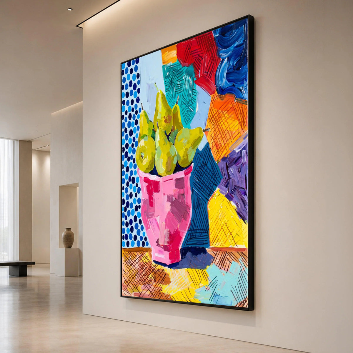 David Hockney Style Pears Pink Vase Canvas, Colorful Abstract Still Life Wall Art, Modern Pop Art Home Decoration Canvas Print Art