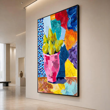 David Hockney Style Pears Pink Vase Canvas, Colorful Abstract Still Life Wall Art, Modern Pop Art Home Decoration Canvas Print Art