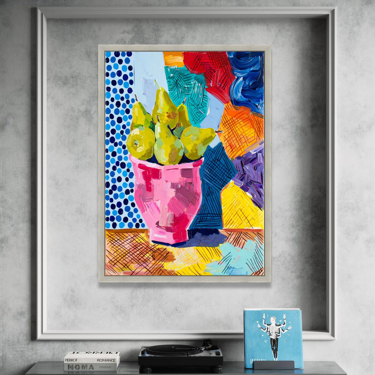 David Hockney Style Pears Pink Vase Canvas, Colorful Abstract Still Life Wall Art, Modern Pop Art Home Decoration Canvas Print Art