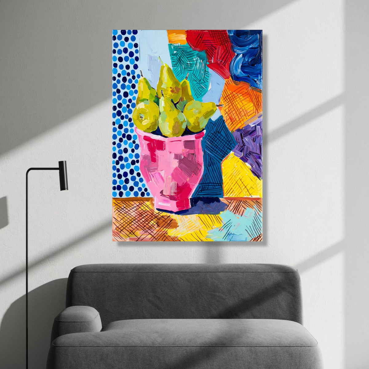 David Hockney Style Pears Pink Vase Canvas, Colorful Abstract Still Life Wall Art, Modern Pop Art Home Decoration Canvas Print Art
