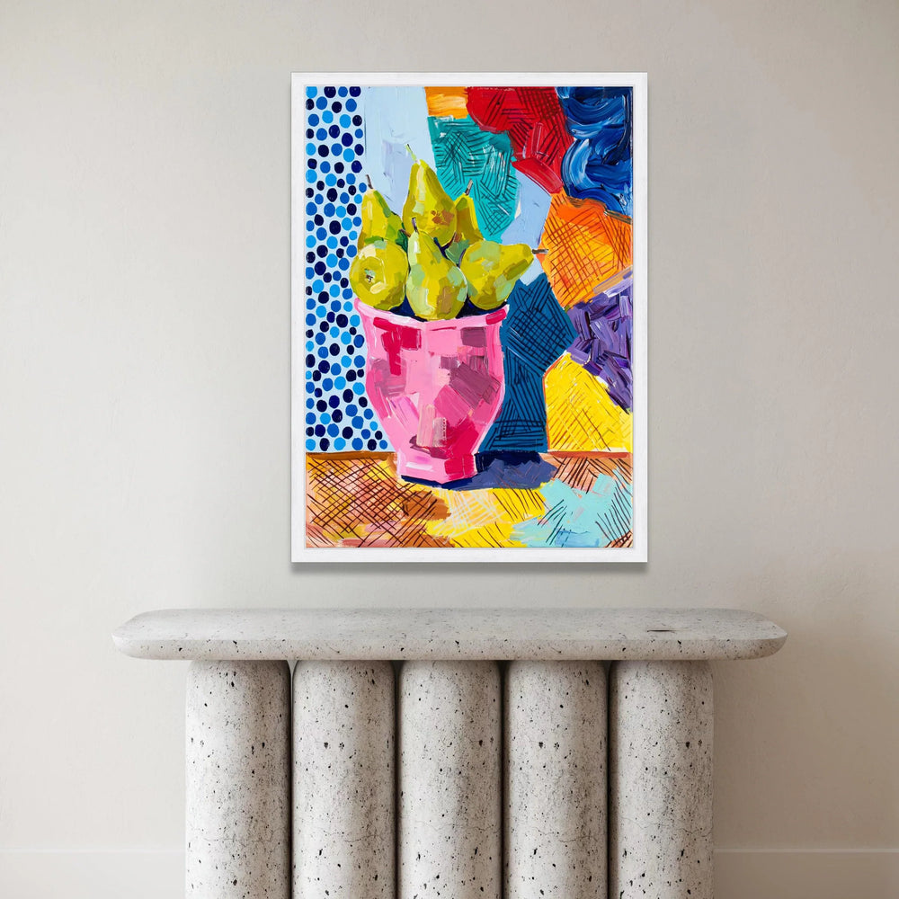 David Hockney Style Pears Pink Vase Canvas, Colorful Abstract Still Life Wall Art, Modern Pop Art Home Decoration Canvas Print Art