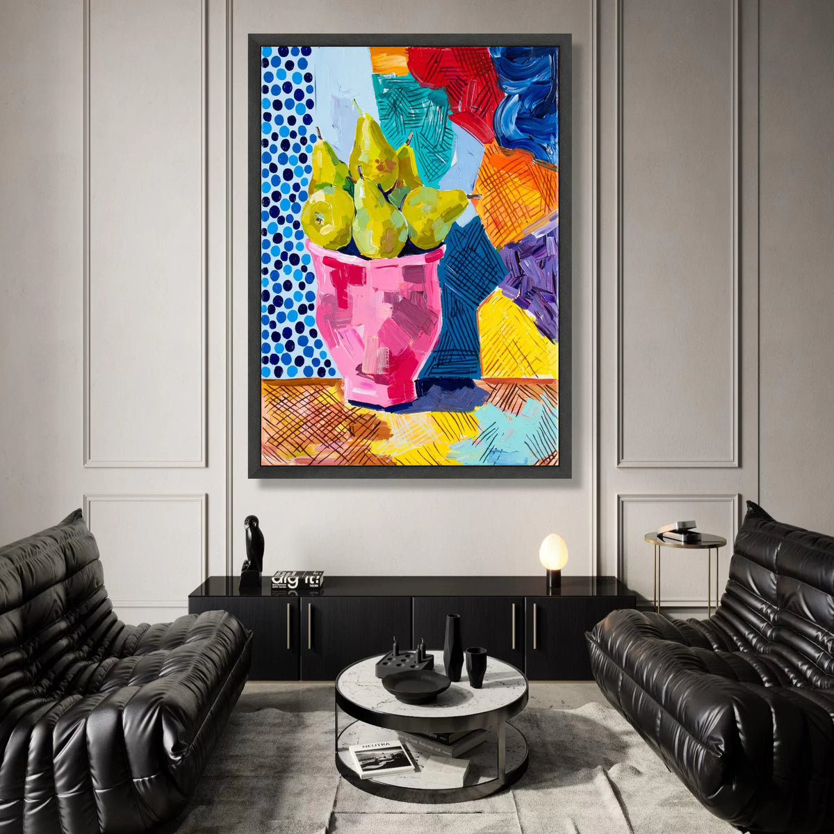 David Hockney Style Pears Pink Vase Canvas, Colorful Abstract Still Life Wall Art, Modern Pop Art Home Decoration Canvas Print Art