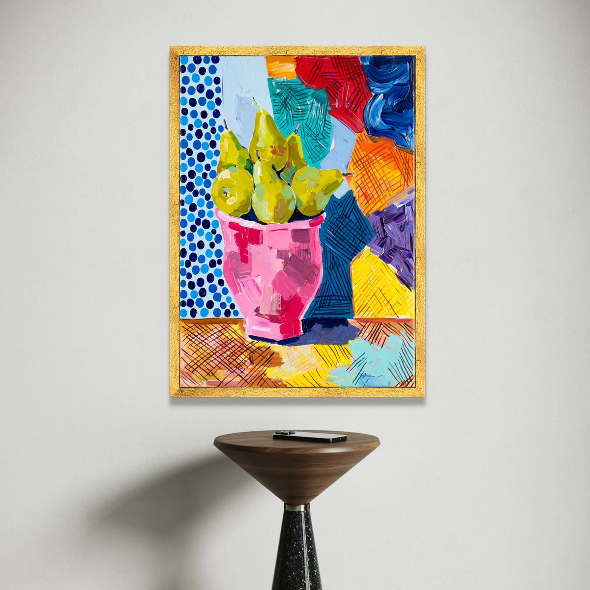 David Hockney Style Pears Pink Vase Canvas, Colorful Abstract Still Life Wall Art, Modern Pop Art Home Decoration Canvas Print Art