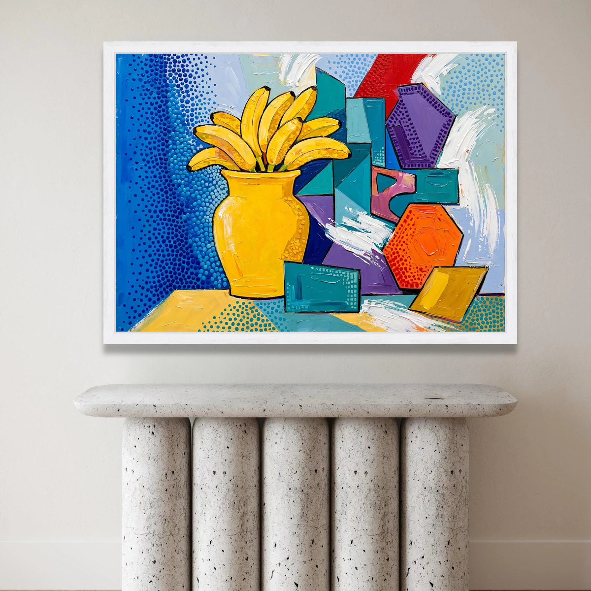 David Hockney Style Banana Still Life Canvas, Pop Art Wall Decor, Bright Colorful Geometric Vase Art, Modern Home Canvas Print Art