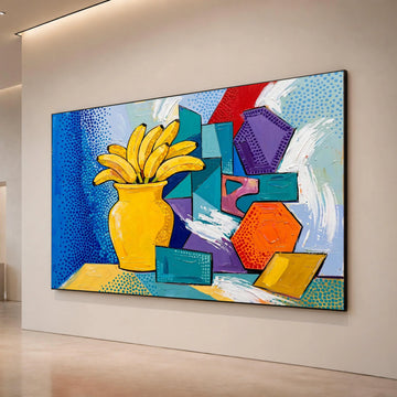 David Hockney Style Banana Still Life Canvas, Pop Art Wall Decor, Bright Colorful Geometric Vase Art, Modern Home Canvas Print Art