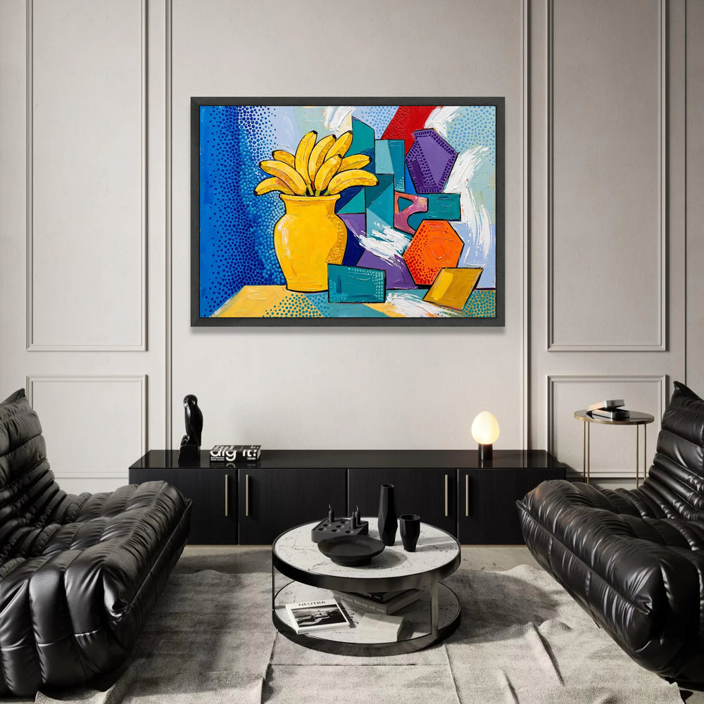 David Hockney Style Banana Still Life Canvas, Pop Art Wall Decor, Bright Colorful Geometric Vase Art, Modern Home Canvas Print Art