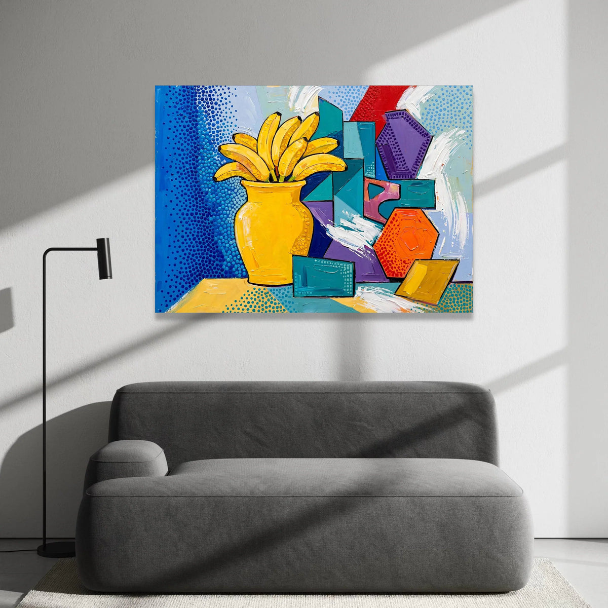 David Hockney Style Banana Still Life Canvas, Pop Art Wall Decor, Bright Colorful Geometric Vase Art, Modern Home Canvas Print Art