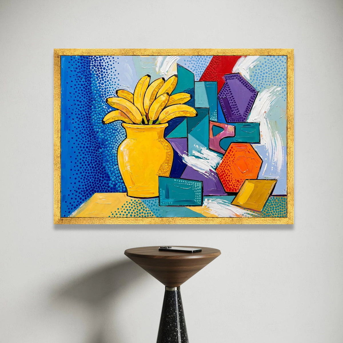 David Hockney Style Banana Still Life Canvas, Pop Art Wall Decor, Bright Colorful Geometric Vase Art, Modern Home Canvas Print Art