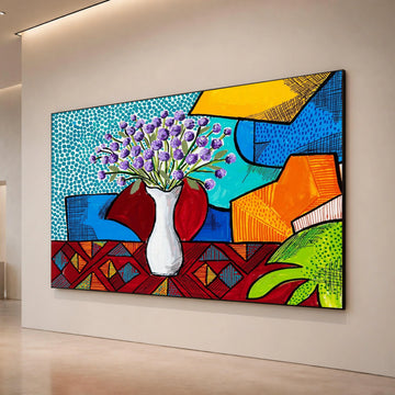David Hockney Style Floral Vase Canvas, Modern Pop Art Wall Decor, Colorful Abstract Bouquet Painting, Contemporary Home Canvas Print Art