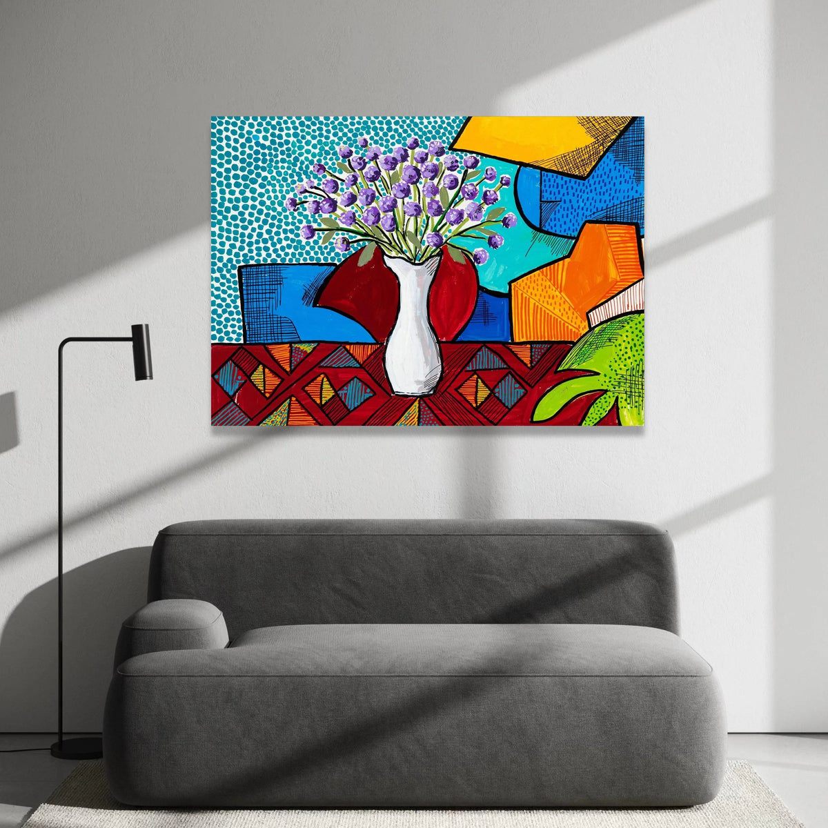 David Hockney Style Floral Vase Canvas, Modern Pop Art Wall Decor, Colorful Abstract Bouquet Painting, Contemporary Home Canvas Print Art