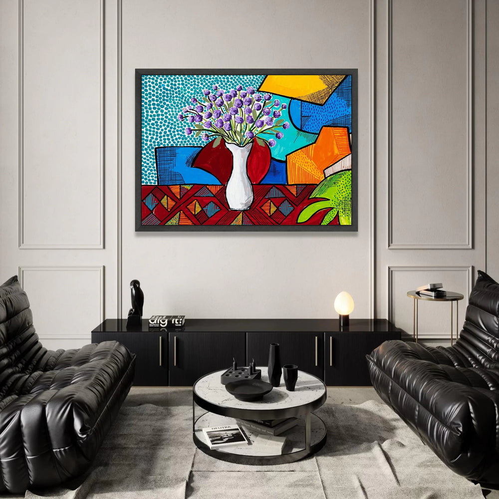 David Hockney Style Floral Vase Canvas, Modern Pop Art Wall Decor, Colorful Abstract Bouquet Painting, Contemporary Home Canvas Print Art