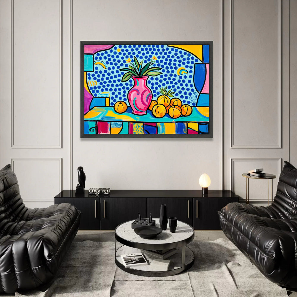David Hockney Style Still Life Canvas, Colorful Vase and Oranges Wall Art, Pop Art Floral and Fruit Painting, Modern Canvas Print Art