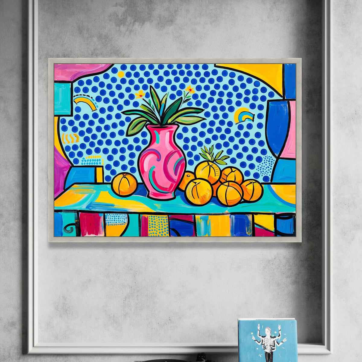 David Hockney Style Still Life Canvas, Colorful Vase and Oranges Wall Art, Pop Art Floral and Fruit Painting, Modern Canvas Print Art