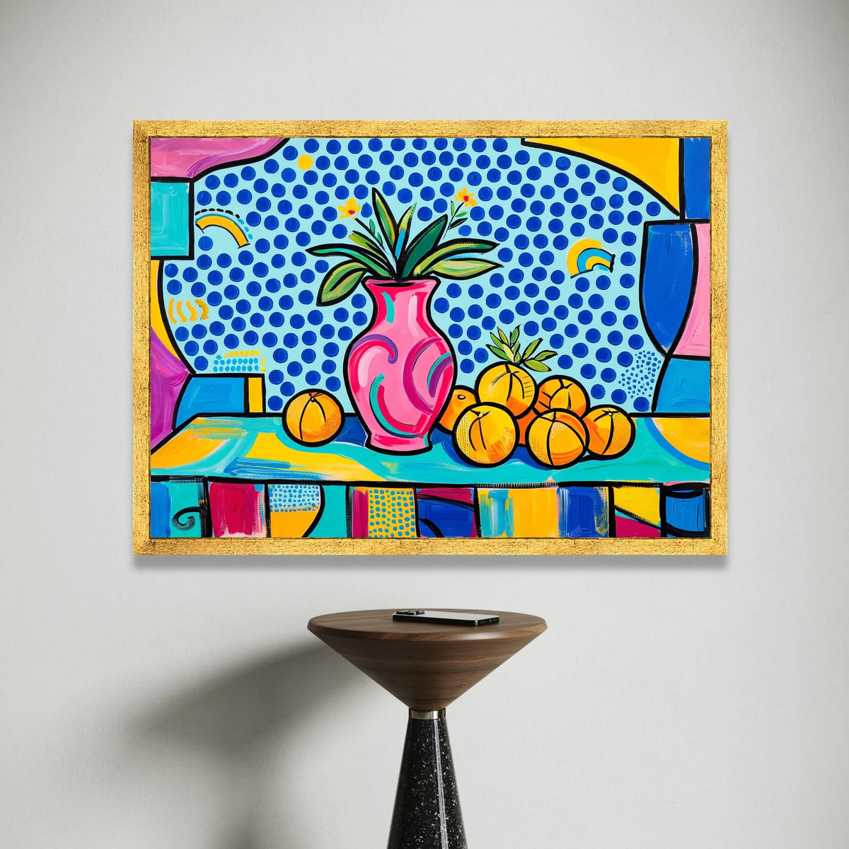 David Hockney Style Still Life Canvas, Colorful Vase and Oranges Wall Art, Pop Art Floral and Fruit Painting, Modern Canvas Print Art