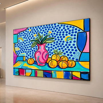 David Hockney Style Still Life Canvas, Colorful Vase and Oranges Wall Art, Pop Art Floral and Fruit Painting, Modern Canvas Print Art