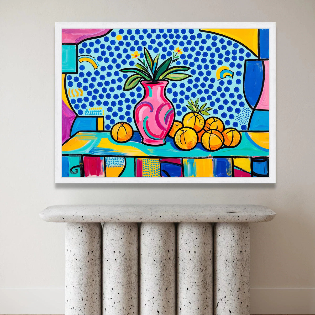 David Hockney Style Still Life Canvas, Colorful Vase and Oranges Wall Art, Pop Art Floral and Fruit Painting, Modern Canvas Print Art