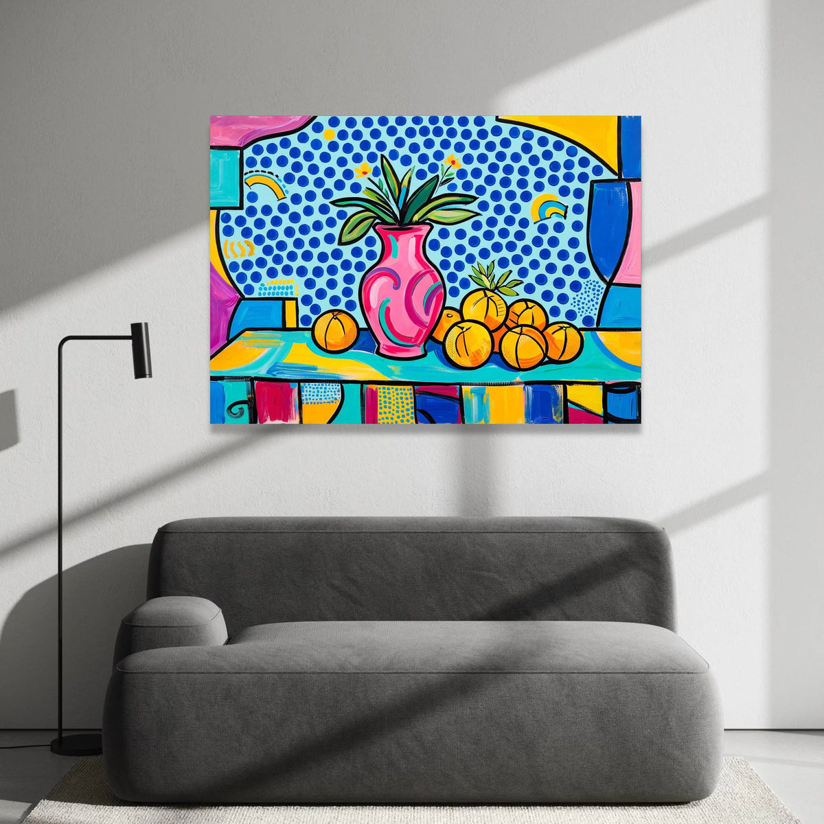 David Hockney Style Still Life Canvas, Colorful Vase and Oranges Wall Art, Pop Art Floral and Fruit Painting, Modern Canvas Print Art