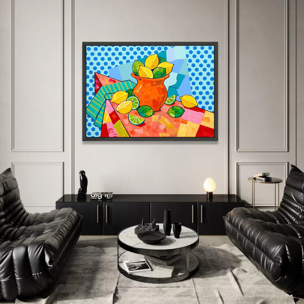 David Hockney Style Citrus Still Life Canvas, Pop Art Lemons and Limes Wall Art, Bright Colorful Fruit Decor, Modern Canvas Print Art