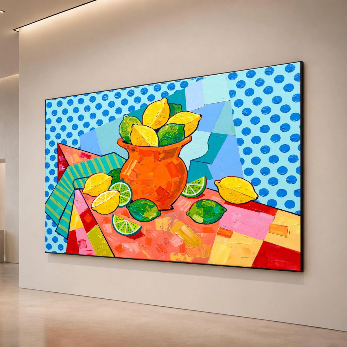David Hockney Style Citrus Still Life Canvas, Pop Art Lemons and Limes Wall Art, Bright Colorful Fruit Decor, Modern Canvas Print Art