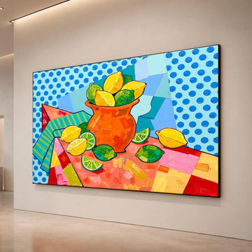 David Hockney Style Citrus Still Life Canvas, Pop Art Lemons and Limes Wall Art, Bright Colorful Fruit Decor, Modern Canvas Print Art