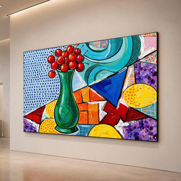 David Hockney Style Modern Still Life Canvas, Abstract Cherry Vase Wall Art, Colorful Geometric Home Decor, Pop Art Canvas Print Art