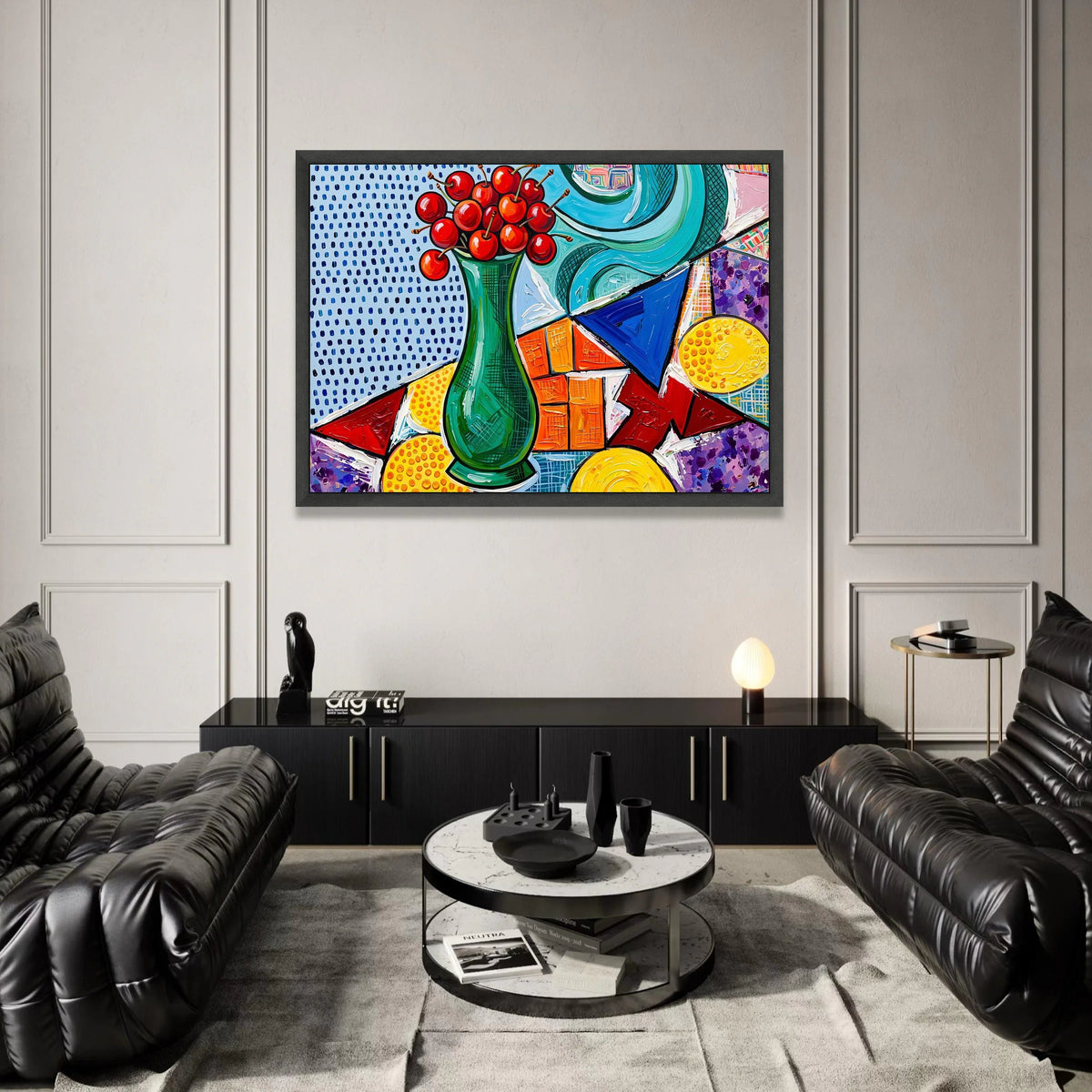 David Hockney Style Modern Still Life Canvas, Abstract Cherry Vase Wall Art, Colorful Geometric Home Decor, Pop Art Canvas Print Art