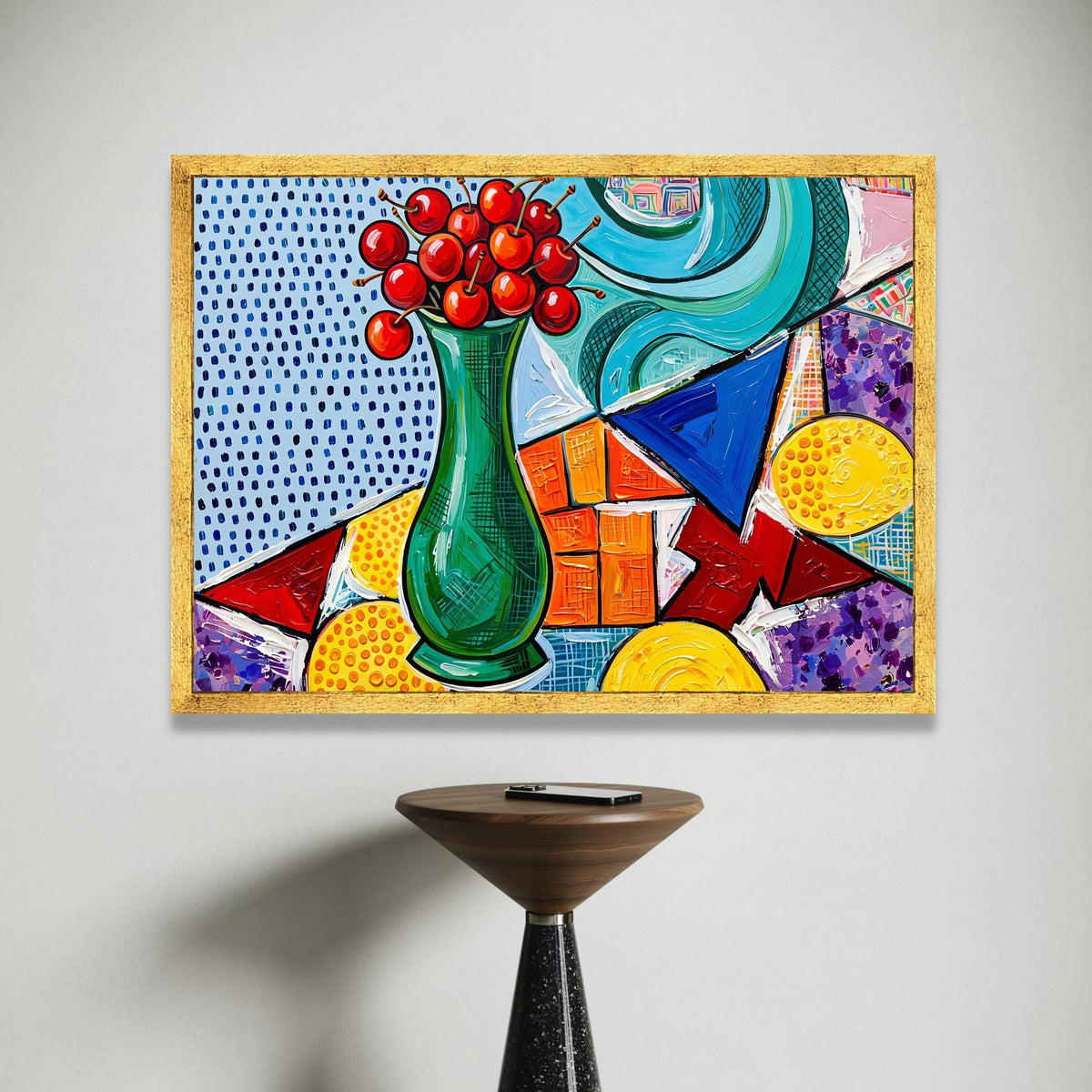 David Hockney Style Modern Still Life Canvas, Abstract Cherry Vase Wall Art, Colorful Geometric Home Decor, Pop Art Canvas Print Art