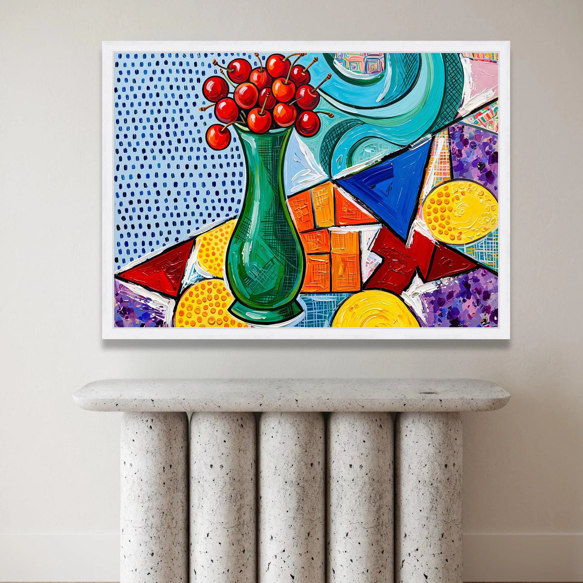 David Hockney Style Modern Still Life Canvas, Abstract Cherry Vase Wall Art, Colorful Geometric Home Decor, Pop Art Canvas Print Art