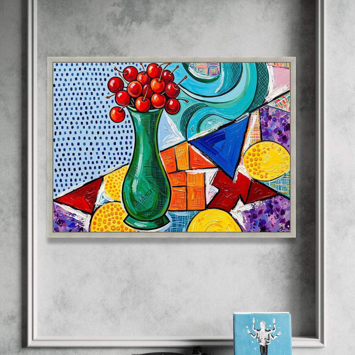 David Hockney Style Modern Still Life Canvas, Abstract Cherry Vase Wall Art, Colorful Geometric Home Decor, Pop Art Canvas Print Art