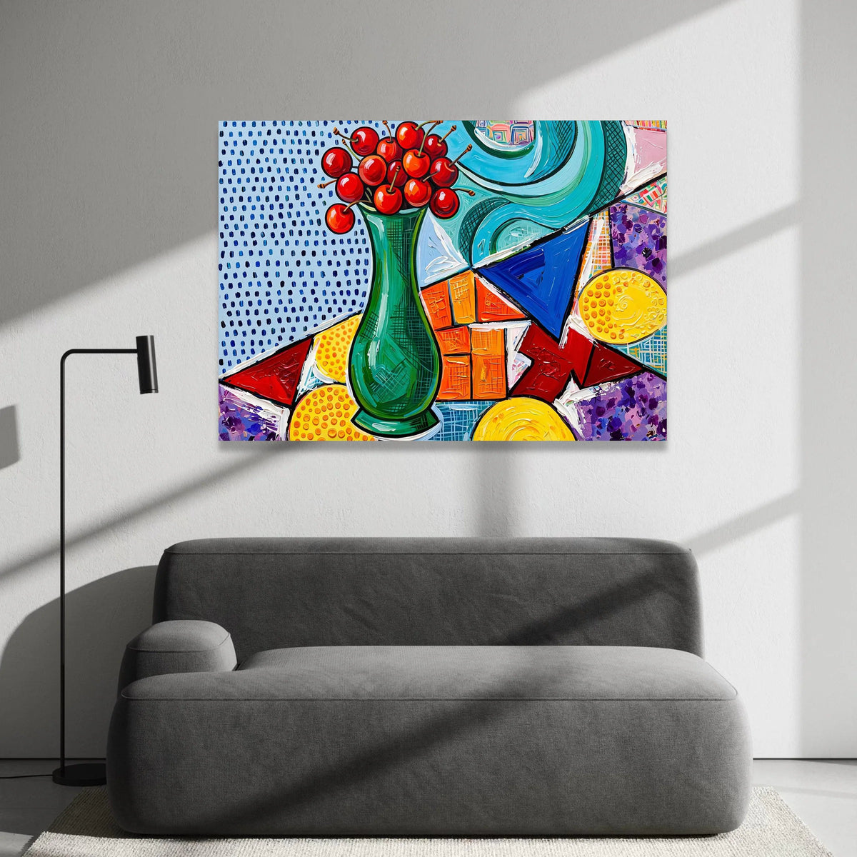 David Hockney Style Modern Still Life Canvas, Abstract Cherry Vase Wall Art, Colorful Geometric Home Decor, Pop Art Canvas Print Art