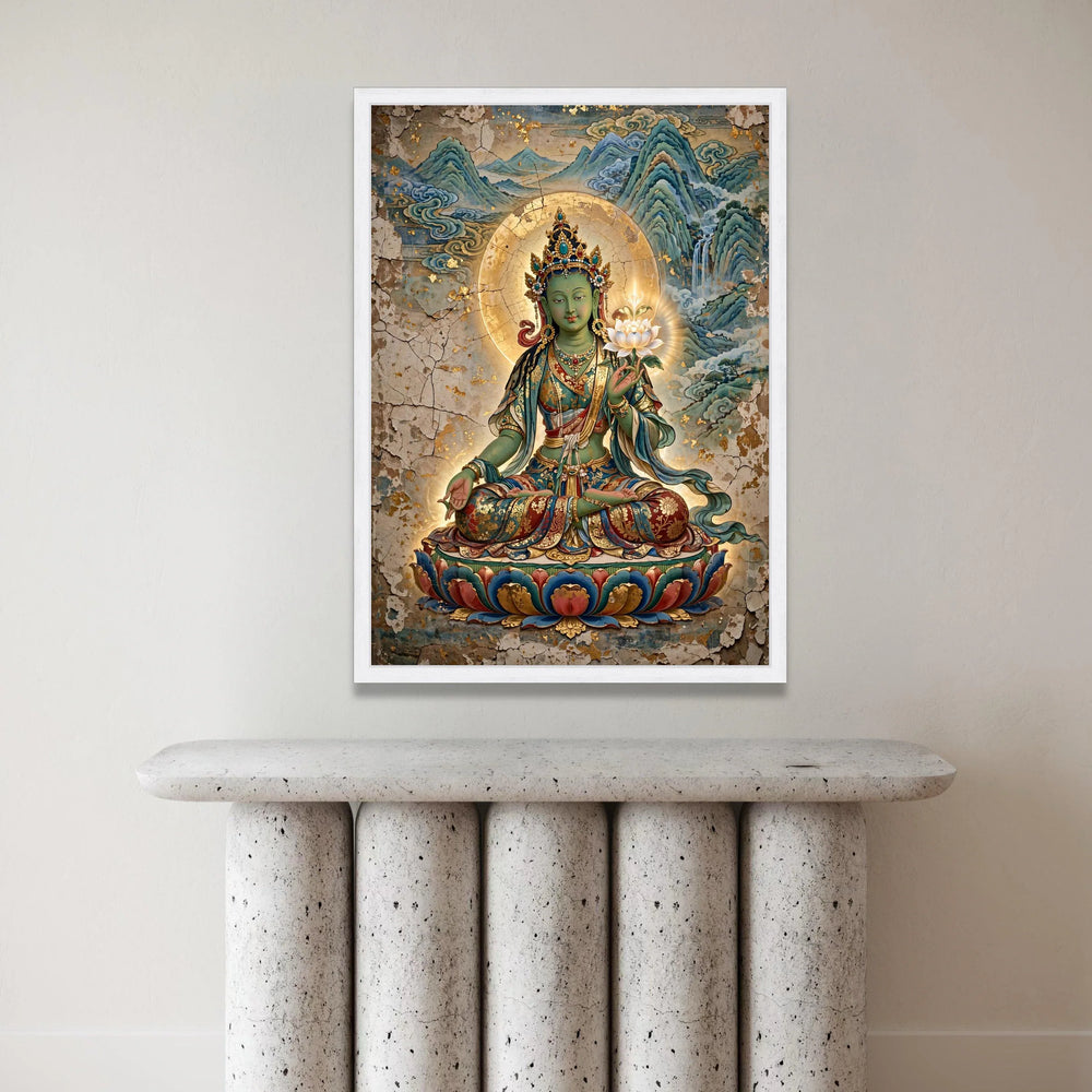 Green Tara Buddha Canvas, Tibetan Buddhist Art, Spiritual Meditation Wall Art, Sacred Lotus Flower Canvas, Zen Home Canvas Print Art