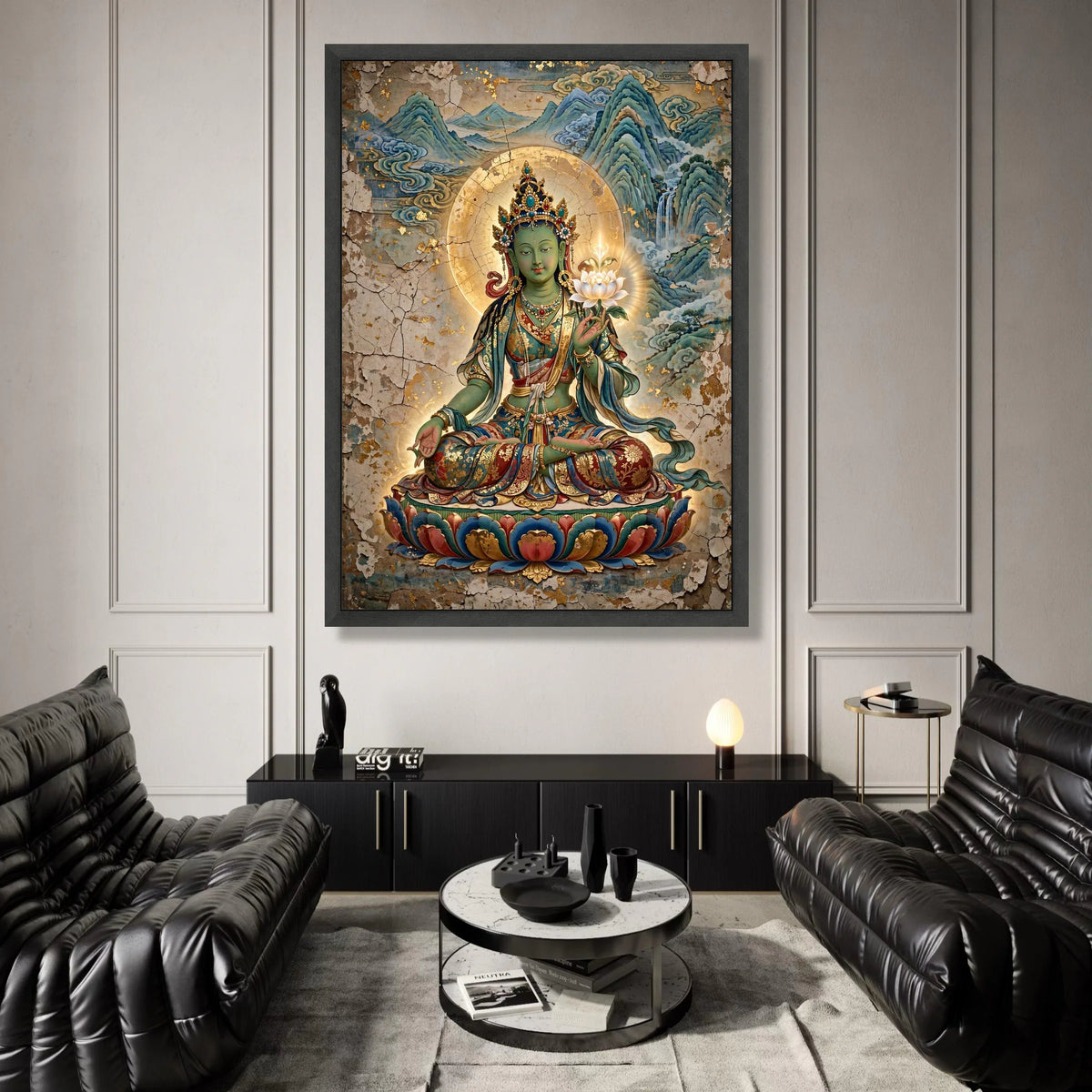 Green Tara Buddha Canvas, Tibetan Buddhist Art, Spiritual Meditation Wall Art, Sacred Lotus Flower Canvas, Zen Home Canvas Print Art